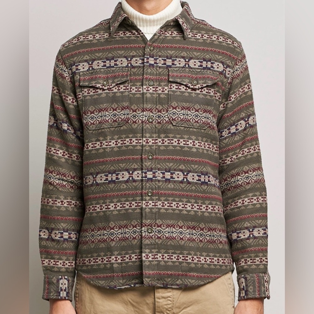 Ralph Lauren’s Double RL Melton Brushed Jacquard Overshirt Olive 100% Cotton
